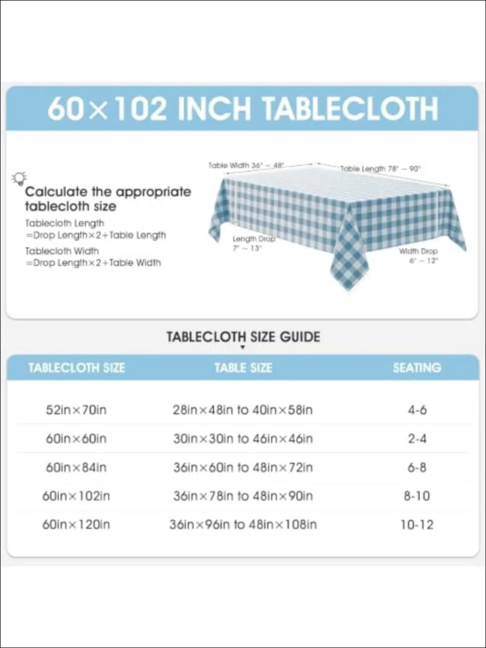 Waterproof Gingham Checkered Tablecloth 60x102 Wrinkle Free Polyester